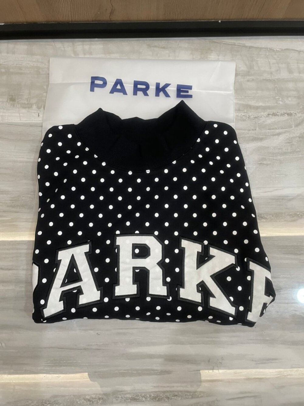 PARKE Varsity Letter Polka Dot Mock Neck Pullover Sweatshirt - Picture 2 of 8